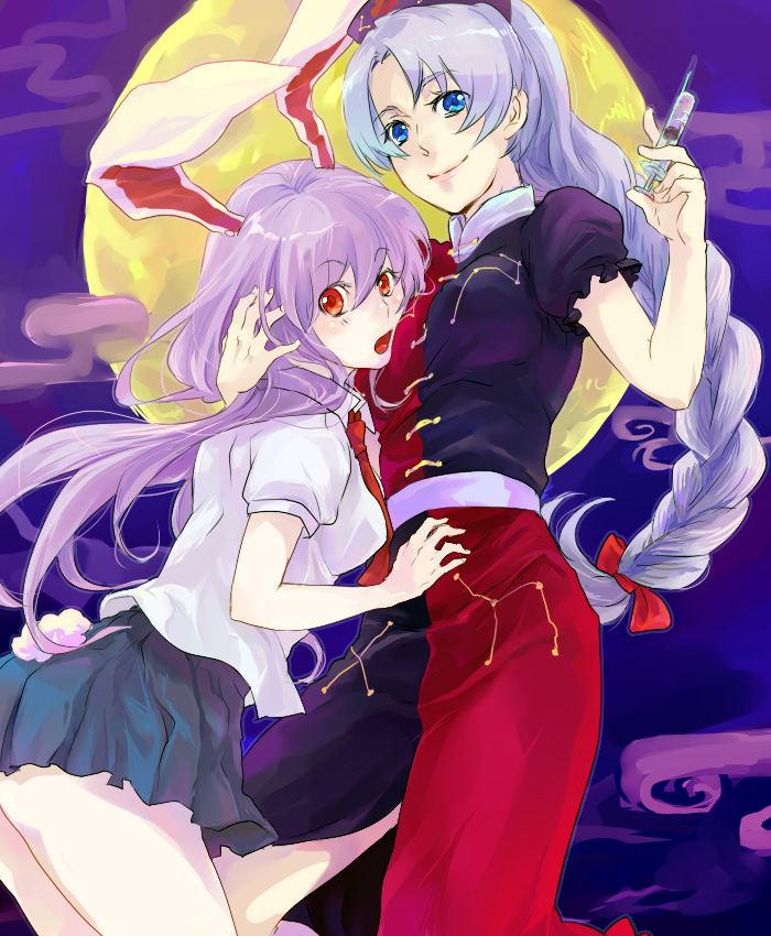 2girls, akaya_(rednight_dd), animal_ears, blue_eyes, female_focus, hat, long_hair, moon, multiple_girls, outdoors, purple_hair, rabbit_ears, rabbit_tail, red_eyes, reisen_udongein_inaba, silver_hair, sky, standing, syringe, tail, touhou, yagokoro_eirin