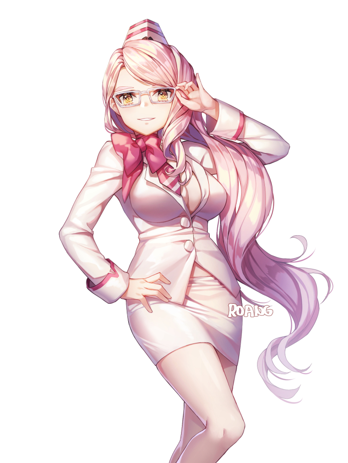 1girl, adjusting_eyewear, artist_name, bow, breasts, cleavage, fate/grand_order, fate_(series)