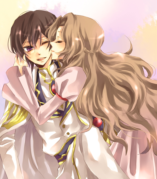 00s, bad_id, bad_pixiv_id, brother_and_sister, brown_hair, cape, code_geass, dress, karu, kiss, lelouch_vi_britannia, nunnally_vi_britannia, purple_eyes, siblings, yuzuki_karu