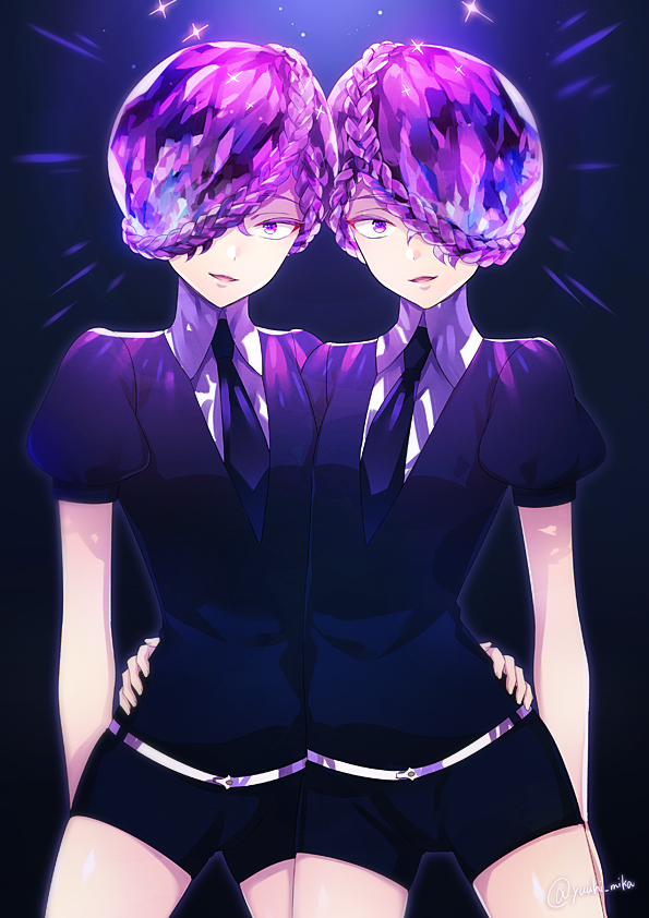 amethyst_(houseki_no_kuni), androgynous, braid, gem_uniform_(houseki_no_kuni), gender_request, hair_over_one_eye, hand_on_another's_hip, houseki_no_kuni