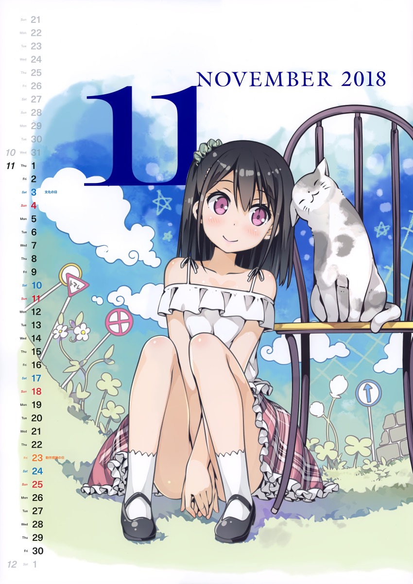 1girl, 2018, absurdres, arms_between_legs, bare_arms, bare_shoulders, black_hair, black_shoes, blush, calendar, calendar_(medium), cat, chair, child, cloud, clover, convenient_arm, dot_nose, facing_viewer, female_focus, flower, four-leaf_clover, frilled_shirt, frilled_skirt, frills, full_body, happy, heads_together, highres, huge_filesize, japanese_stop_sign, kantoku, knees_up, leaning_to_the_side, mary_janes, no_entry_sign, non-web_source, november, off-shoulder_shirt, off_shoulder, on_floor, original, outdoors, pink_eyes, plaid_clothes, plaid_skirt, road_closed_sign, road_closed_to_all_sign, road_sign, running_bond, shirt, shizuku_(kantoku), shoes, sign, skirt, sky, smile, socks, solo, star_(symbol), stone_wall, wall, white_shirt, white_socks