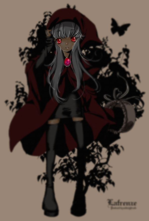 1girl, basket, dark-skinned_female, dark_skin, elysion, female_focus, hood, lafrenze