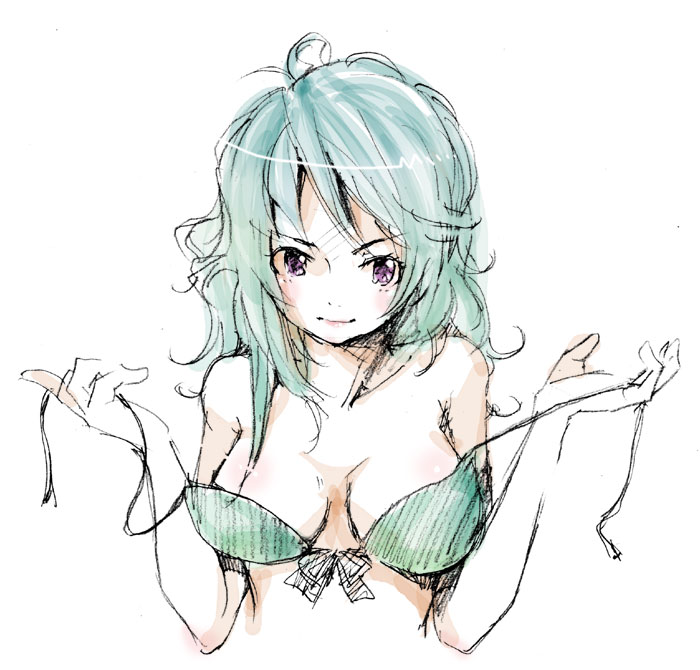 1girl, aqua_hair, bare_shoulders, bikini, bikini_top_only, blue_hair, bra, breasts