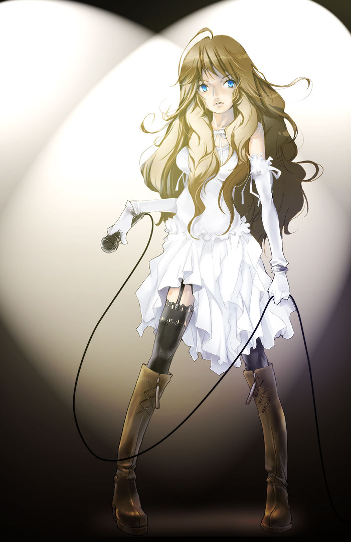 1girl, ahoge, black_thighhighs, blue_eyes, boots, brown_hair, dress, elbow_gloves, female_focus, frills, garter_straps, gloves, idol, knee_boots, long_hair, microphone, solo, sound_horizon, soutatsu, thighhighs, very_long_hair