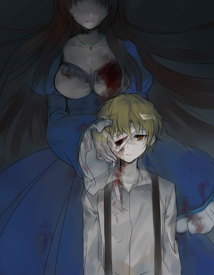 1boy, 1girl, aaniko, bandage_over_one_eye, blood, blood_on_face, blood_on_clothes, blue_dress, breasts, brown_hair, cleavage, closed_mouth, collarbone, collared_shirt, dio_(mad_father), dress, expressionless, frilled_sleeves, frills, ghost, hand_on_another's_cheek, hand_on_another's_face, jewelry, large_breasts, long_hair, long_sleeves, looking_at_viewer, mad_father, missing_eye, monika_drevis, necklace, shaded_face, shirt, short_hair, sketch, sleeves_past_wrists, smile, spoilers, suspenders, very_long_hair, white_shirt, wing_collar