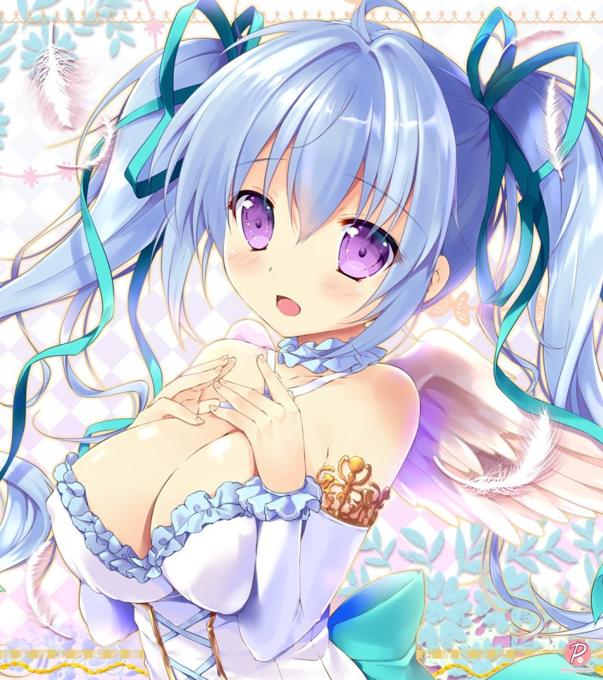 1girl, bare_shoulders, blue_hair, blush, bow, bowtie, breasts, checkered_background