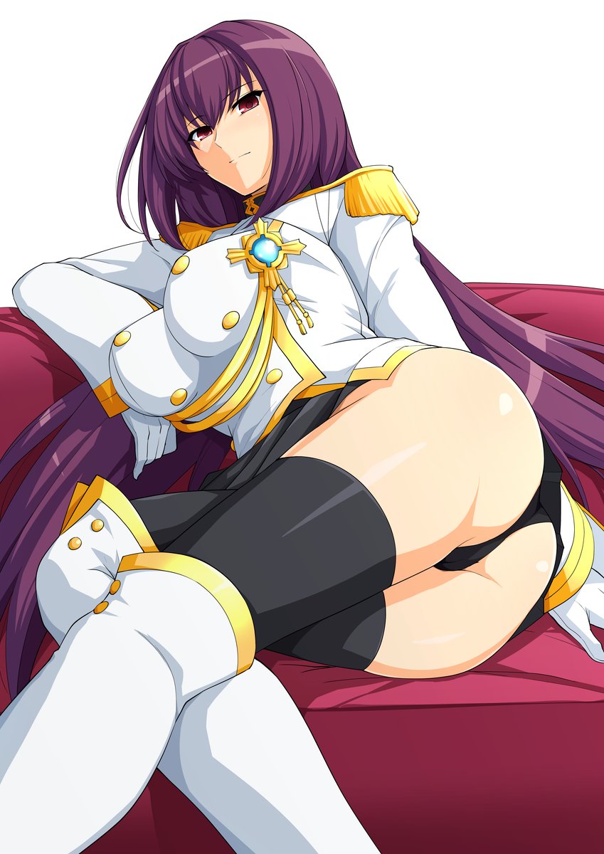 1girl, aiguillette, ass, black_panties, black_skirt, black_thighhighs, boots, breasts, buttons, epaulettes, fate/grand_order, fate_(series), female_focus, hair_between_eyes, haruhisky, highres, hip_focus, jacket, jewelry, knee_boots, large_breasts, long_hair, looking_at_viewer, military_jacket, official_alternate_costume, panties, pendant, purple_hair, red_eyes, scathach_(fate), scathach_(makyou_sergeant)_(fate), simple_background, sitting, skirt, solo, thighhighs, thighs, underwear, white_background, white_boots, white_jacket