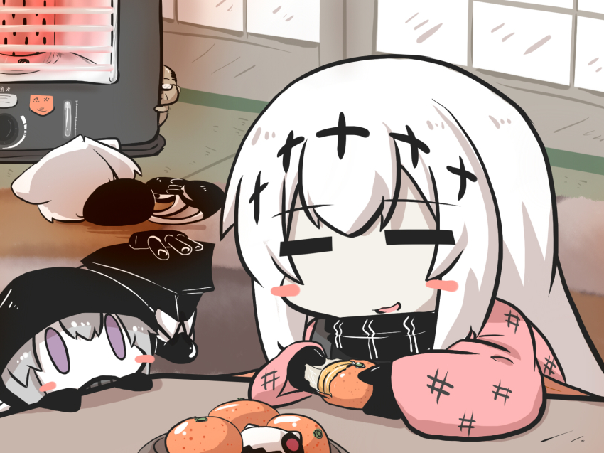 3girls, abyssal_ship, aircraft_carrier_water_oni, blush_stickers, cape, chibi, comic, commentary_request
