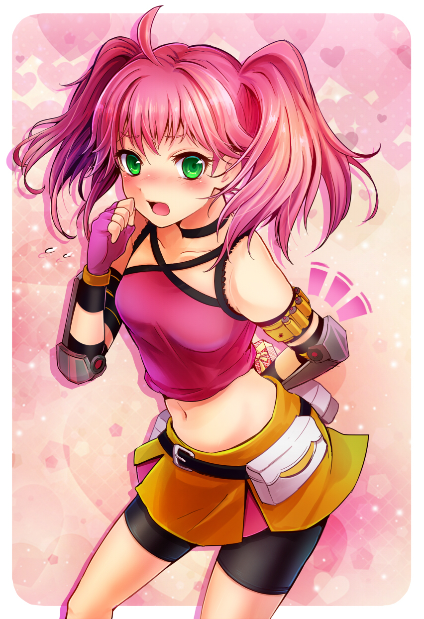 1girl, ahoge, arm_behind_back, arm_strap, bare_shoulders, bike_shorts, blush, camisole