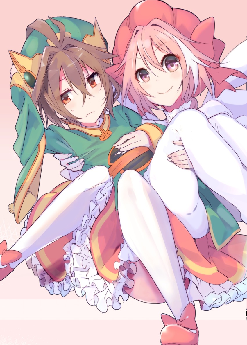 1girl, 2boys, ahoge, astolfo_(fate), blush, braid, brown_hair, cardcaptor_sakura