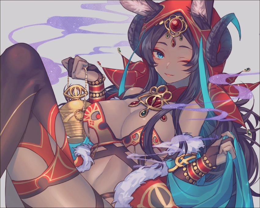 1girl, ;), animal_ears, aqua_eyes, breasts, cleavage, dark-skinned_female, dark_skin, ears_through_headwear, fate/grand_order, fate_(series), female_focus, gem, head_chain, hood, horns, jewelry, lamp, large_breasts, long_hair, looking_at_viewer, navel, one_eye_closed, purple_hair, queen_of_sheba_(fate), smile, smoke, solo, thighs, yamada_chickenko
