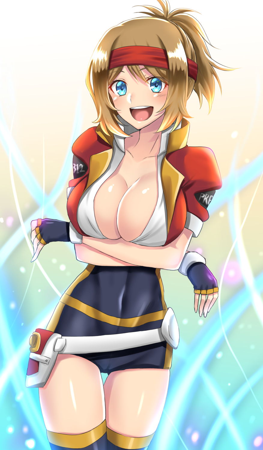 1girl, alternate_costume, black_gloves, black_thighhighs, blonde_hair, blue_eyes, blush, breasts, cleavage, collarbone, cosplay, covered_navel, crossed_arms, female_focus, fingerless_gloves, gloves, gradient_background, headband, highres, jacket, large_breasts, looking_at_viewer, nintendo, open_mouth, pokemon, pokemon_ranger_(series), pokemon_x_and_y, ponytail, red_jacket, serena_(pokemon), shirt, short_hair, simple_background, smile, solana_(pokemon), solana_(pokemon)_(cosplay), solo, spandex, standing, takecha, teeth, thighhighs, white_shirt