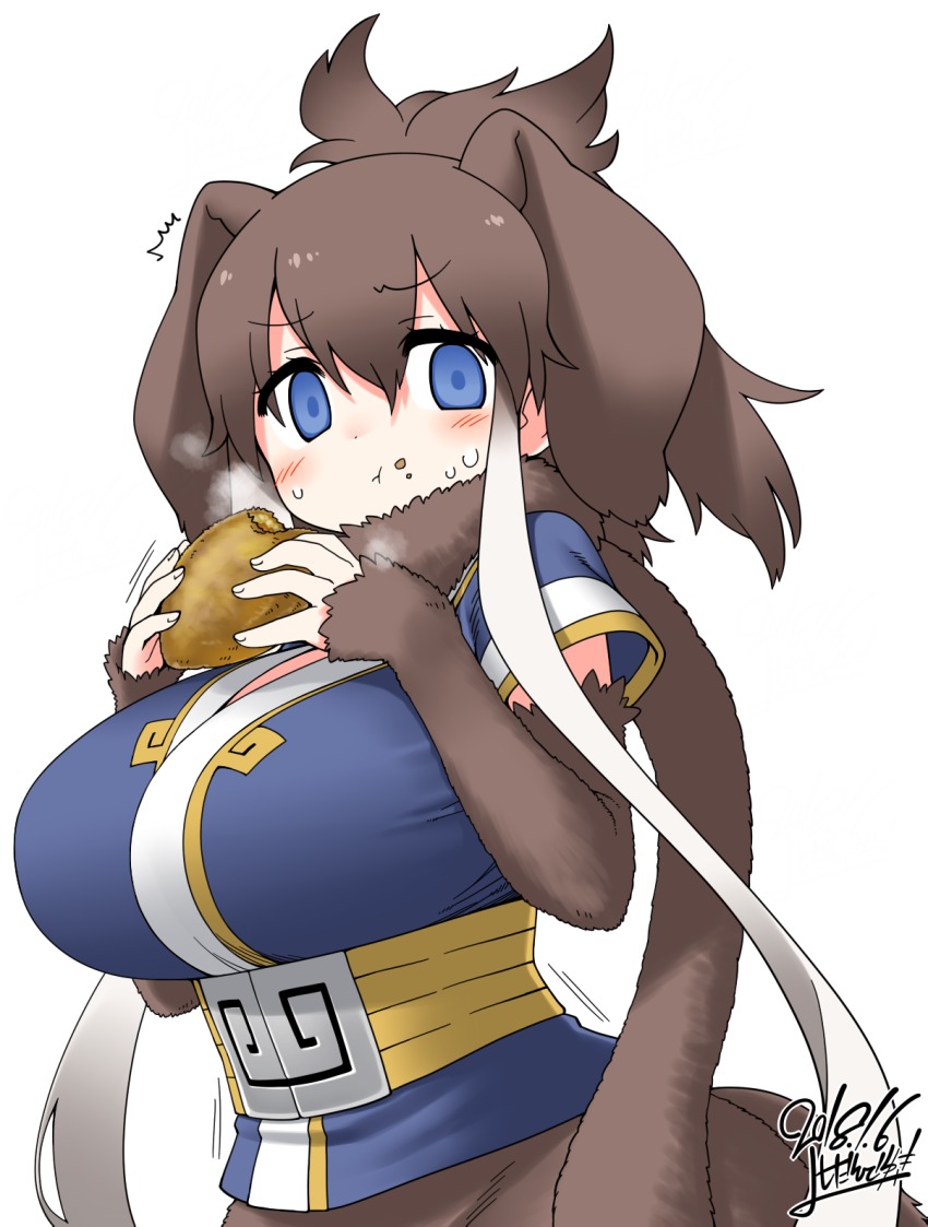 10s, 1girl, alpha_signature, artist_name, blue_eyes, blush, breasts, brown_hair, dated, eating, female_focus, food, highres, kemono_friends, large_breasts, long_hair, mammoth_(kemono_friends), mammoth_ears, mammoth_tail, multicolored_hair, pirozhki, ponytail, scarf, simple_background, solo, two-tone_hair, upper_body, white_background, white_hair, yoshida_hideyuki
