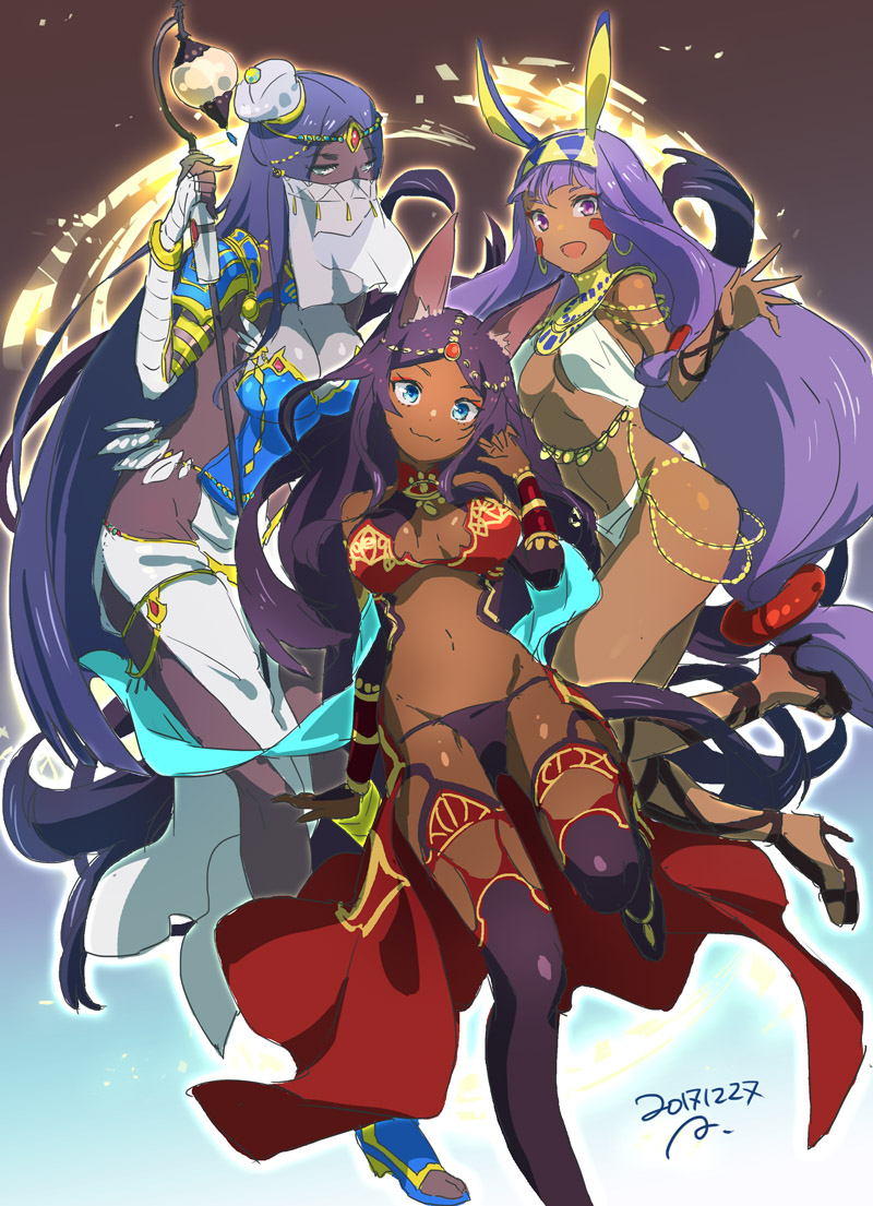 3girls, ancient_egyptian, ancient_egyptian_clothes, animal_ears, aqua_eyes, asao_(vc), breasts, circlet