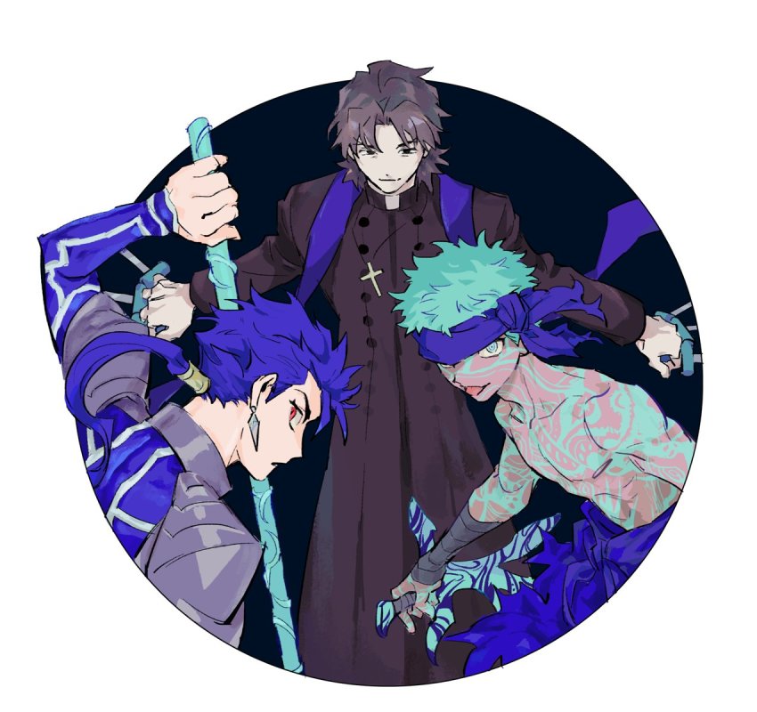 3boys, angra_mainyu_(fate), angra_mainyu_(third_ascension)_(fate), aqua_hair, blue_hair, blue_theme, body_markings, circle