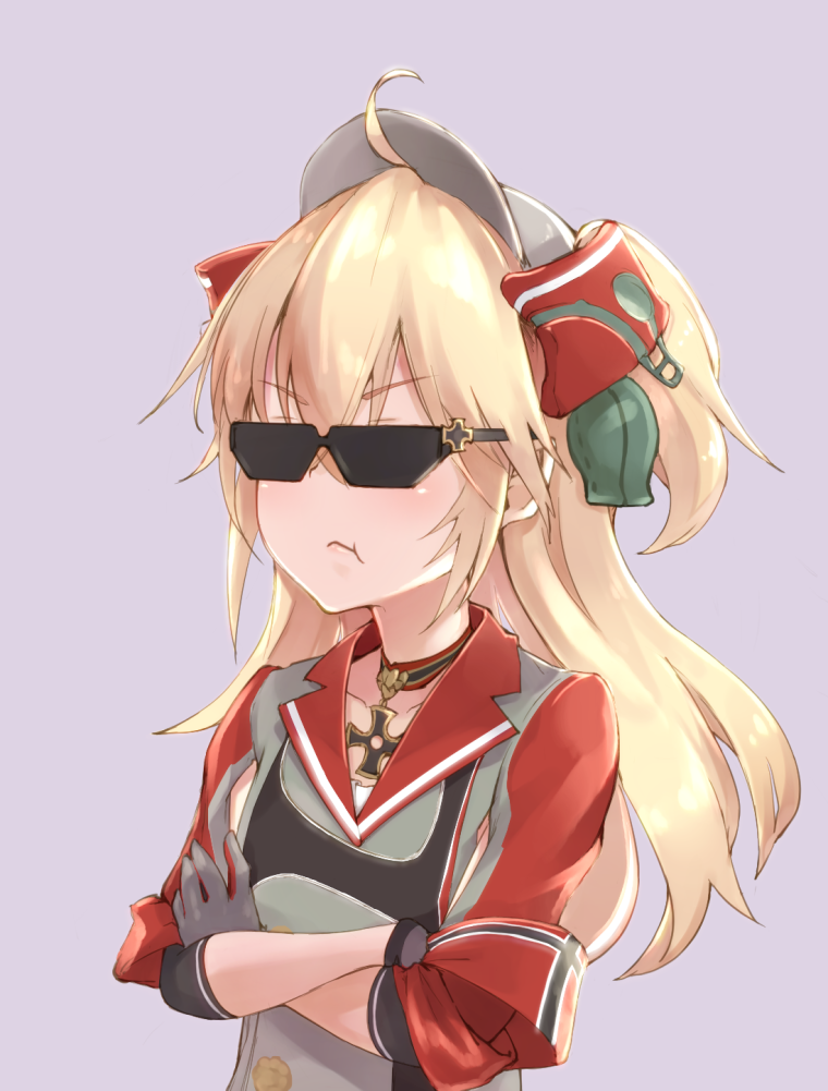 1girl, :<, admiral_hipper_(azur_lane), ahoge, azur_lane, blonde_hair, choker, collared_shirt