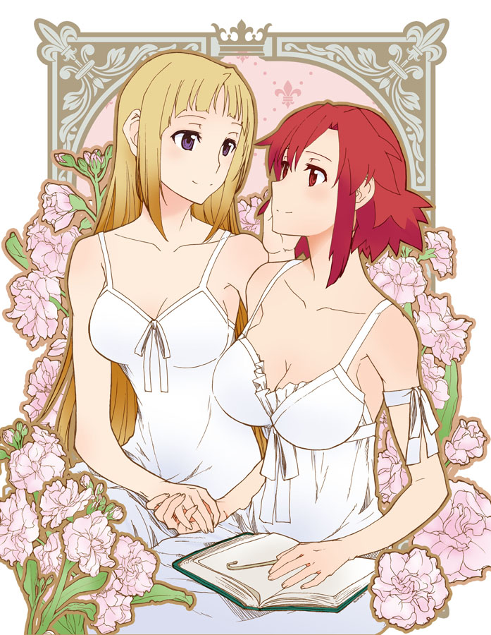2girls, blonde_hair, book, breasts, cleavage, collarbone, dress, fleur-de-lis, flower, holding_hands, izetta, long_hair, looking_at_another, medium_breasts, multiple_girls, open_book, ortfine_fredericka_von_eylstadt, purple_eyes, red_eyes, red_hair, short_hair, shuumatsu_no_izetta, sitting, sleeveless, sleeveless_dress, smile, sumika_(smikas), white_dress, yuri