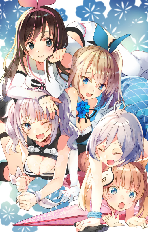 .live, 5girls, animal_ears, antenna_hair, bare_shoulders, blonde_hair, blue_eyes, blush