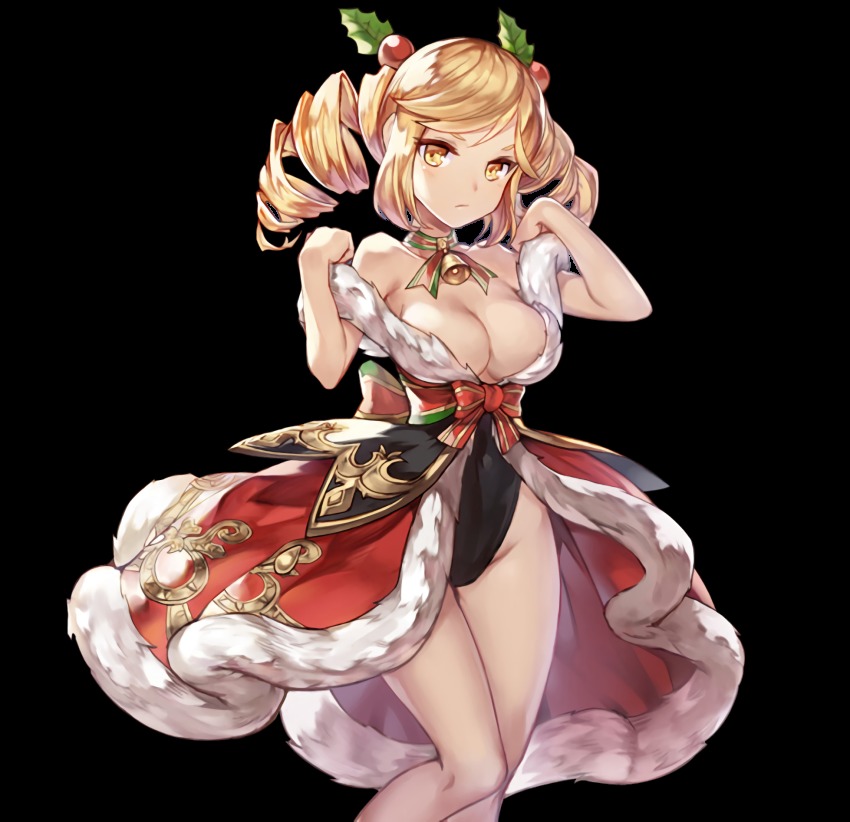 1girl, aisha_(king's_raid), bell, blonde_hair, breasts, christmas, cleavage, collar