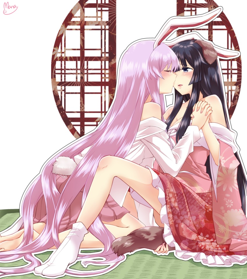 2girls, animal_ears, artist_name, bare_shoulders, barefoot, black_eyes, black_hair, blush, breasts, rabbit_ears, rabbit_tail, cleavage, commentary_request, closed_eyes, own_hands_clasped, highres, houraisan_kaguya, imminent_kiss, japanese_clothes, kemonomimi_mode, kimono, large_breasts, long_hair, mana_(tsurubeji), multiple_girls, off_shoulder, outline, own_hands_together, parted_lips, petticoat, pink_hair, pink_kimono, pink_skirt, profile, reisen_udongein_inaba, seiza, shirt, sidelocks, signature, simple_background, sitting, skirt, socks, tail, tatami, thighs, touhou, very_long_hair, white_background, white_legwear, white_outline, white_shirt, yuri