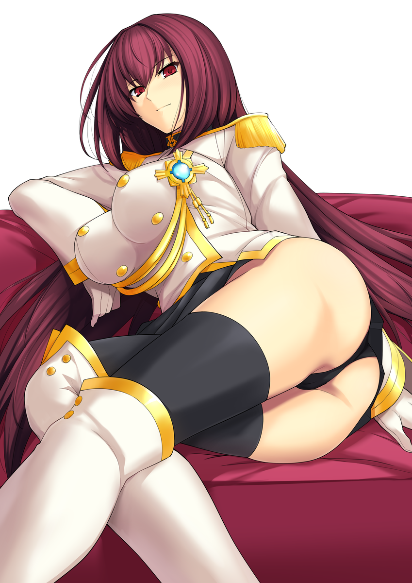10s, 1girl, aiguillette, ass, black_panties, black_skirt, black_thighhighs, boots, breasts, buttons, commentary_request, couch, epaulettes, fate/extella, fate/extella_link, fate/extra, fate/grand_order, fate_(series), female_focus, hair_between_eyes, haruhisky, highres, hip_focus, jacket, jewelry, knee_boots, large_breasts, legs, long_hair, looking_at_viewer, military_jacket, official_alternate_costume, panties, pendant, purple_hair, red_eyes, scathach_(fate), scathach_(makyou_sergeant)_(fate), simple_background, sitting, skirt, solo, thighhighs, thighs, underwear, very_long_hair, white_background, white_boots, white_jacket