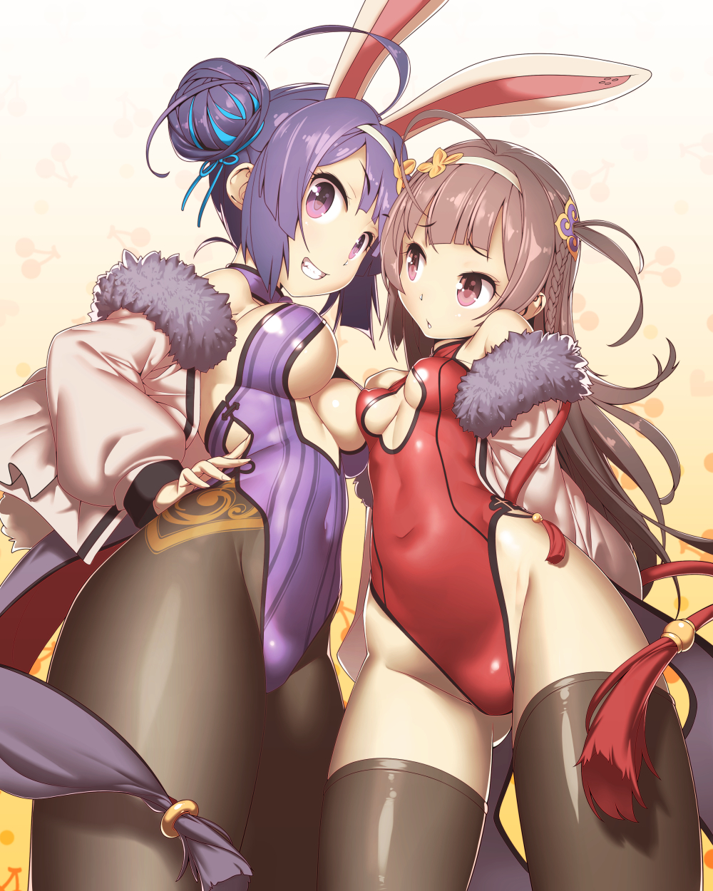 2girls, animal_ears, azur_lane, bare_shoulders, bikini, black_legwear, blue_ribbon, blunt_bangs