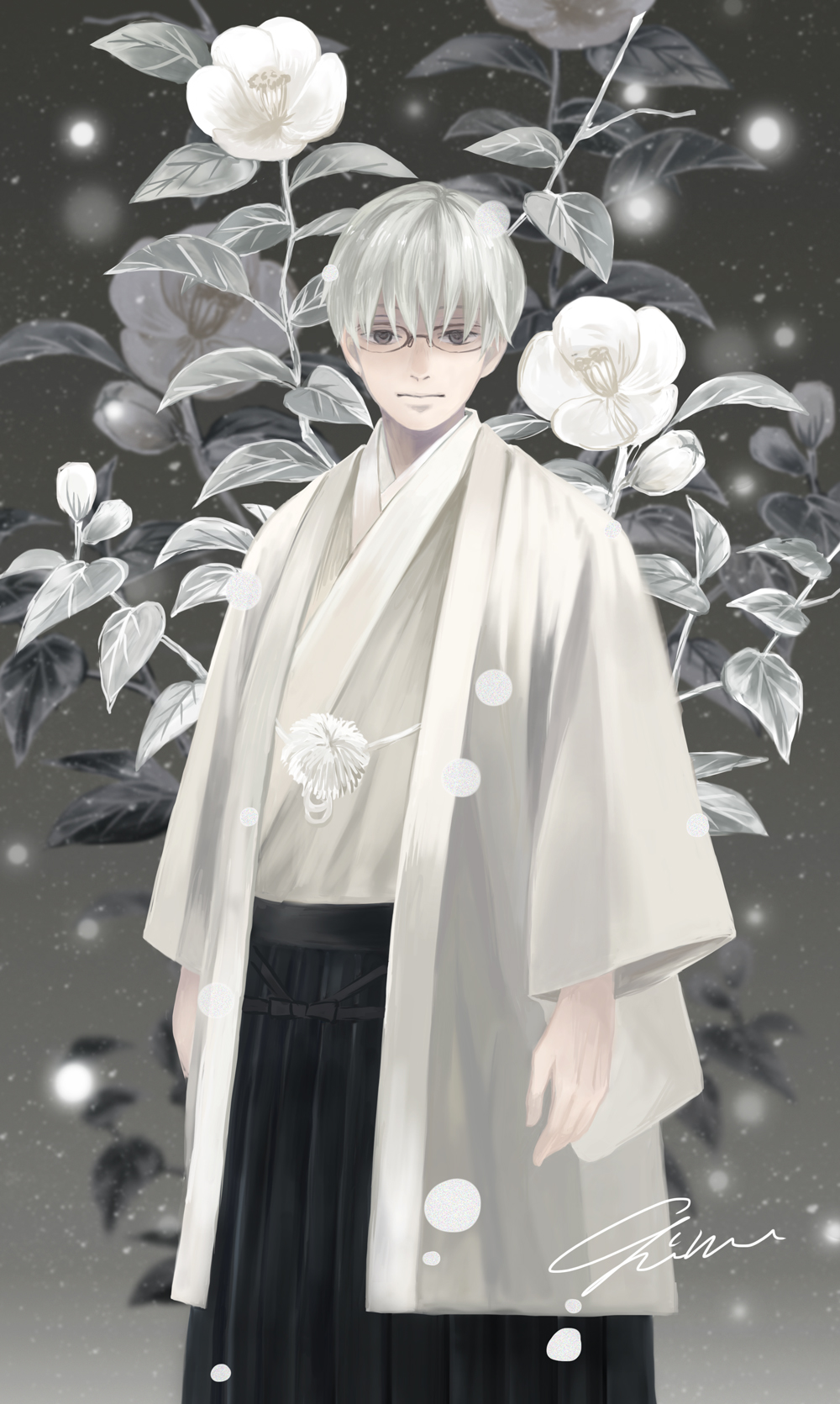 1boy, arms_at_sides, flower, glasses, grey_background, grey_eyes, highres, looking_at_viewer, male_focus, sangatsu_no_lion, signature, solo, souya_touji, standing, white_hair, yum_(unlucky)