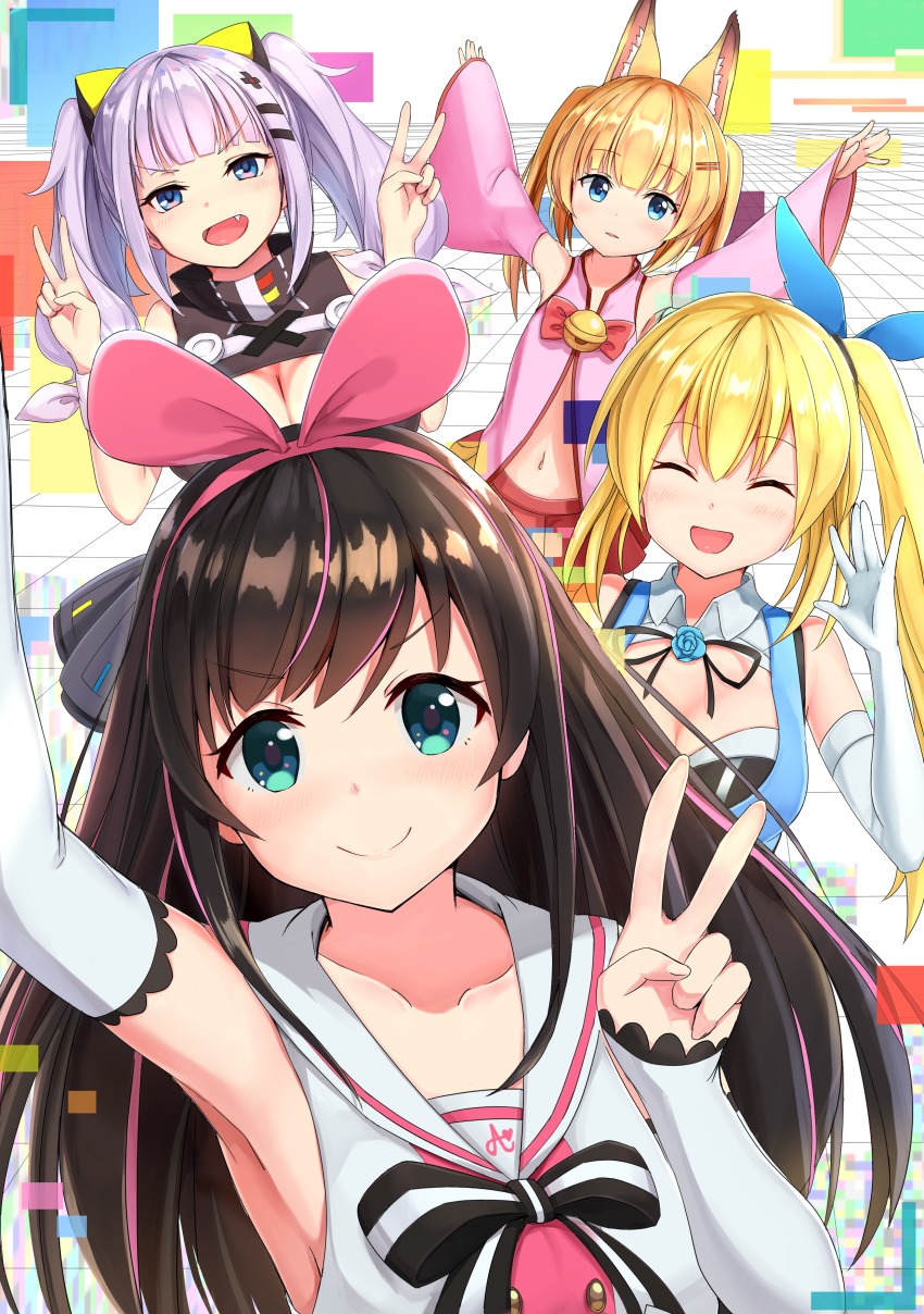 4girls, :d, ^_^, absurdres, animal_ear_fluff, animal_ears, armpits, arms_up