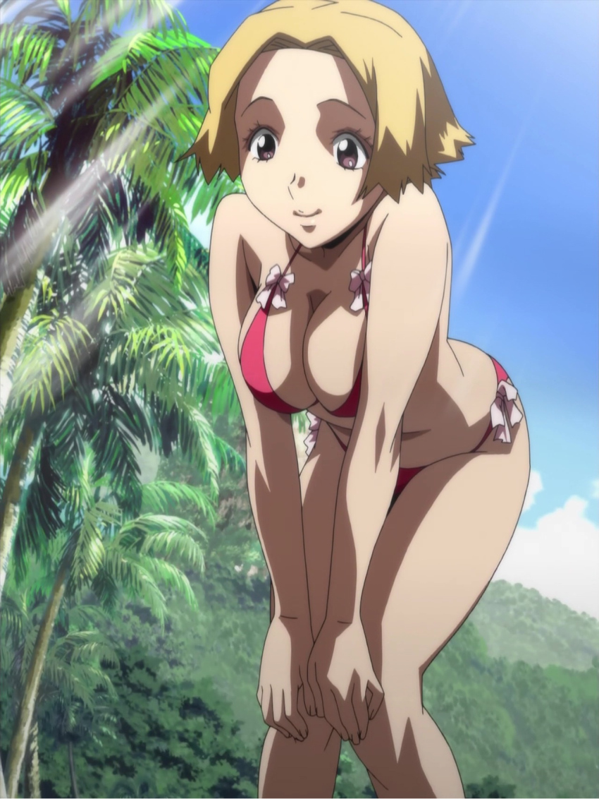 00s, 1girl, anime_screenshot, bikini, blonde_hair, breasts, cleavage, day, female_focus, highres, hirai_hisashi, kurogane_no_linebarrel, large_breasts, leaning_forward, nature, niiyama_risako, outdoors, panties, short_hair, side-tie_bikini_bottom, side-tie_panties, sky, solo, stitched, swimsuit, third-party_edit, underwear