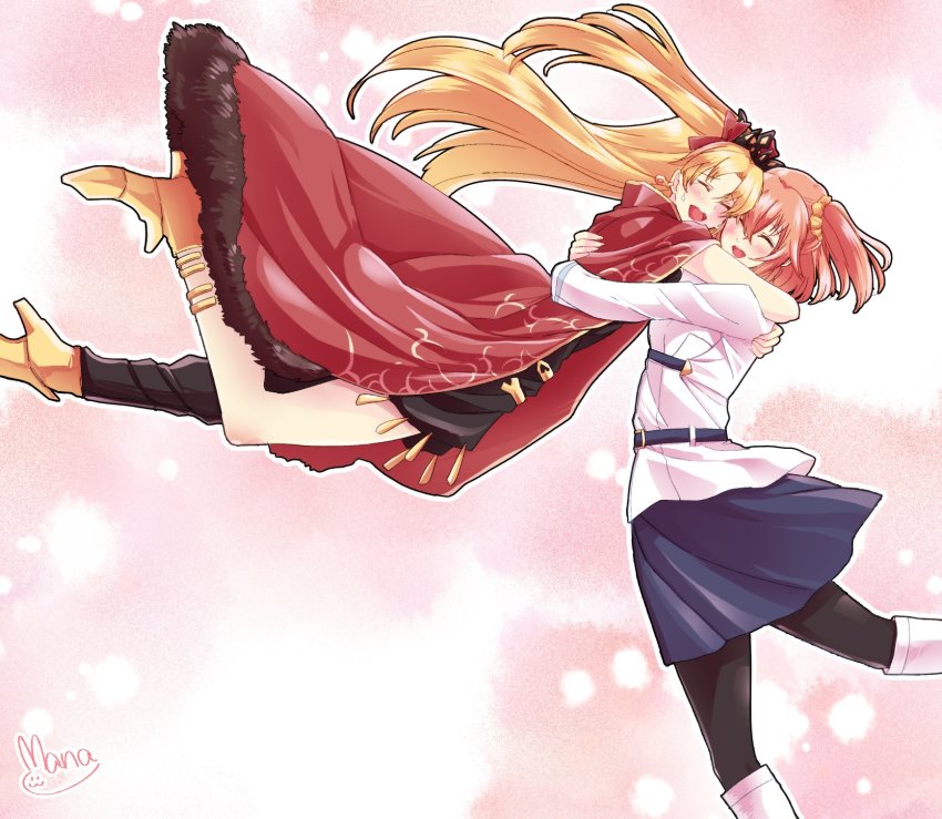 2girls, artist_name, asymmetrical_legwear, bad_id, bad_twitter_id, black_pantyhose, black_thighhighs, blonde_hair