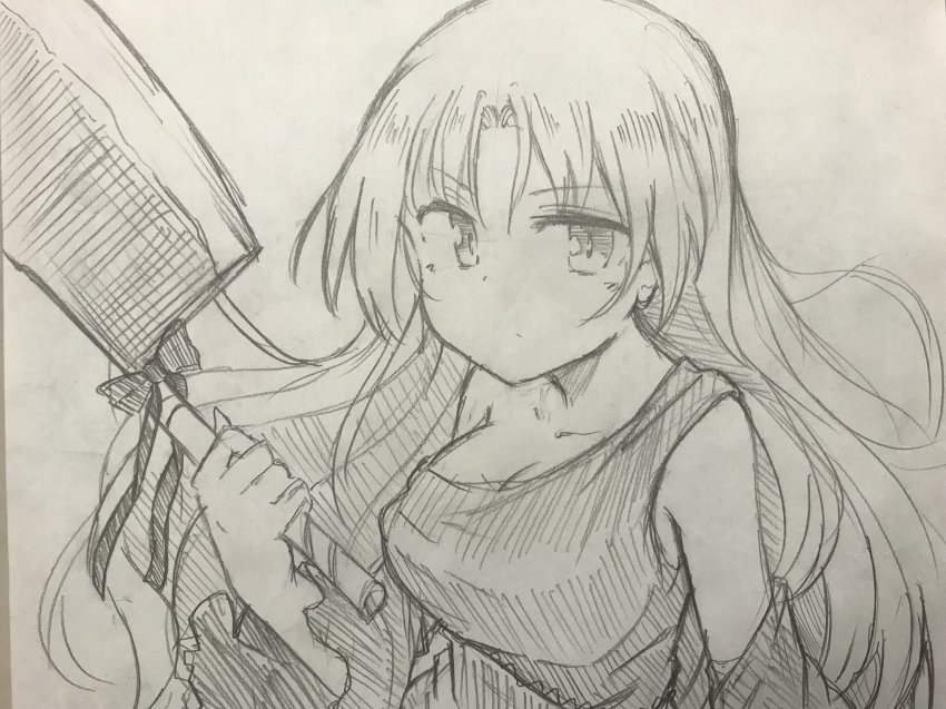 1girl, bare_shoulders, bow, breasts, cleaver, closed_mouth, detached_sleeves, female_focus