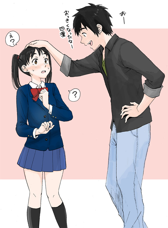 1boy, 1girl, ?, aged_up, black_hair, black_legwear, blush, commentary_request, confused, hand_on_another's_head, headpat, kimi_no_na_wa., long_hair, miniskirt, miyamizu_yotsuha, pleated_skirt, red_neckwear, school_uniform, skirt, slack22, spoken_question_mark, sweatdrop, tachibana_taki, translated, twintails