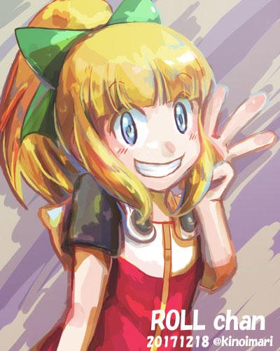 1girl, android, blonde_hair, blue_eyes, blunt_bangs, bow, dress, eyebrows, female_focus, green_bow, green_ribbon, hair_bow, hood, hooded_dress, kinoimari, long_hair, lowres, mega_man_(classic), mega_man_(series), mega_man_11, no_humans, ponytail, ribbon, robot, roll_(mega_man), smile, solo