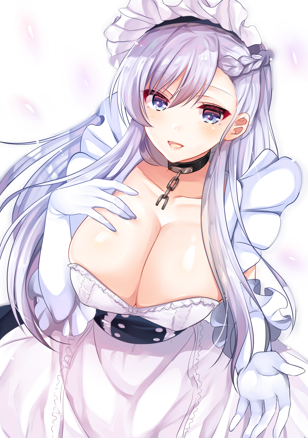 1girl, apron, azur_lane, belfast_(azur_lane), blue_eyes, breasts, chain, cleavage, collar, elbow_gloves, female_focus, gloves, gokugetsu_momo, highres, large_breasts, long_hair, looking_at_viewer, maid, maid_apron, maid_headdress, open_mouth, silver_hair, solo, white_gloves