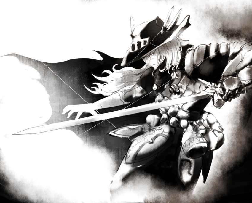 1boy, cape, gloves, granblue_fantasy, greyscale, hat, long_hair, lucius_(granblue_fantasy)