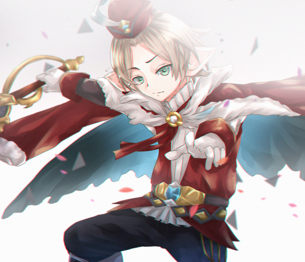 1boy, altoclub, blonde_hair, capelet, crying, feathers, fur_trim, gloves, granblue_fantasy, green_eyes, grey_background, hat, male_focus, petals, simple_background, solo, sword, vermeil, weapon