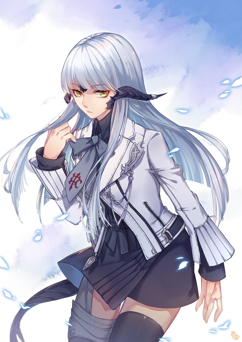 1girl, au_ra, black_thighhighs, dragon_girl, dragon_horns, dragon_tail, expressionless, female_focus