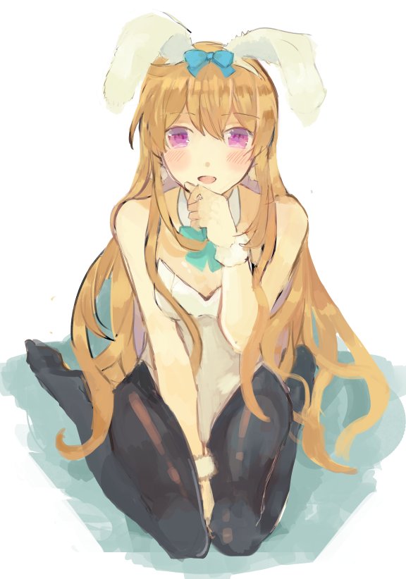 1girl, animal_ears, blonde_hair, blush, bow, bowtie, detached_collar, ensemble_girls!