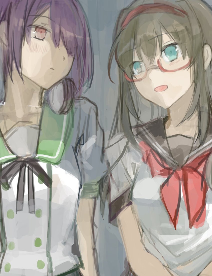 2girls, black_hair, blue_eyes, ensemble_girls!, glasses, hairband, highres, kimisaki_school_uniform