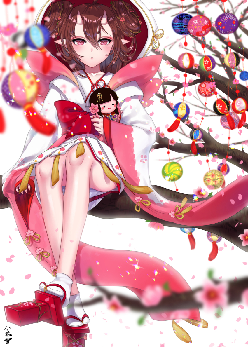 1girl, blush, brown_hair, crossed_ankles, demon_girl, double_bun, female_focus, flower