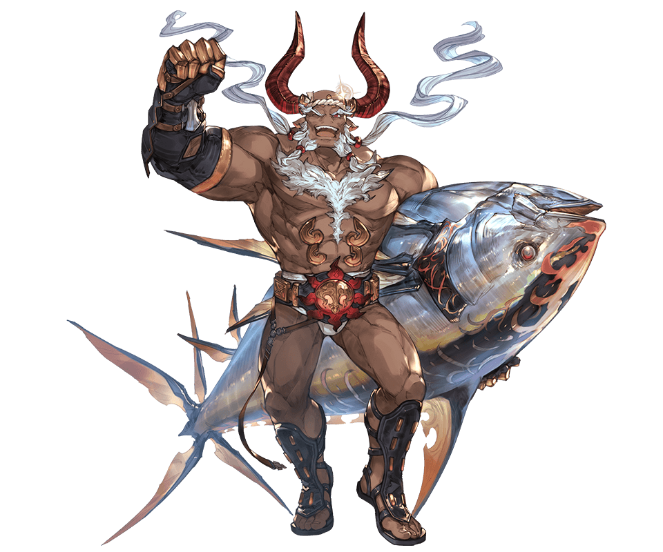1boy, abs, bald, beard, dark-skinned_male, dark_skin, draph, facial_hair, fish, full_body, fundoshi, ghandagoza, gloves, granblue_fantasy, headband, horns, japanese_clothes, male_focus, male_underwear, minaba_hideo, official_art, open_mouth, red_eyes, sandals, topless_male, solo, sparkle, teeth, transparent_background, white_hair, white_male_underwear
