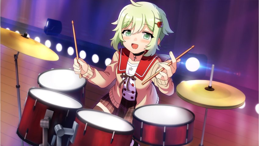 1girl, bad_id, bad_twitter_id, choker, drum, drum_set, drumsticks, ensemble_girls!