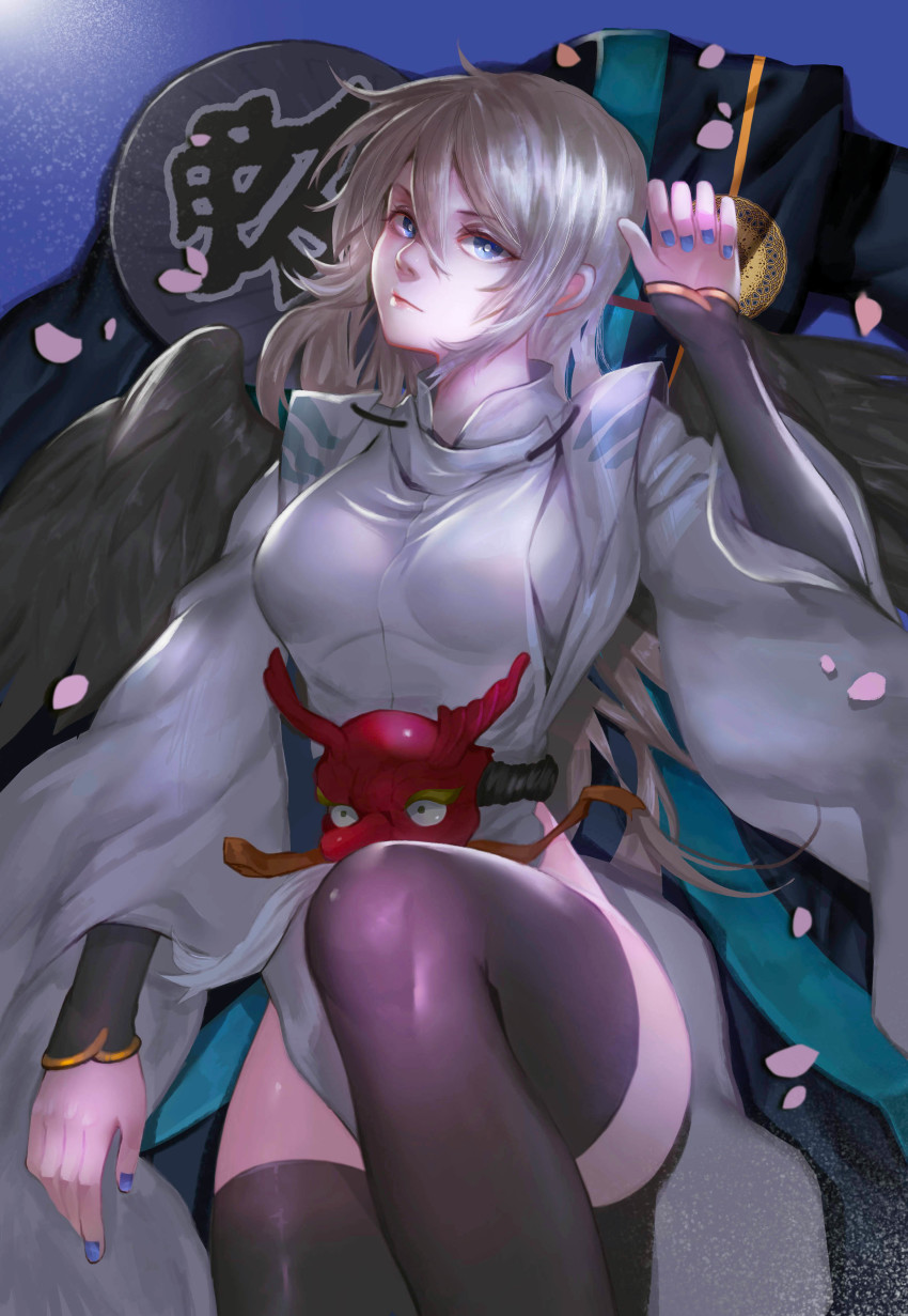 1girl, absurdres, black_thighhighs, black_wings, blue_eyes, blue_nails, breasts, feathered_wings