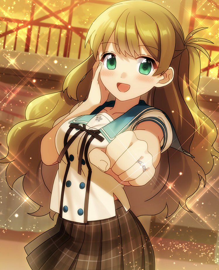 1girl, brown_hair, ensemble_girls!, ensemble_girls_(artist), female_focus, green_eyes, jewelry, kimisaki_school_uniform, long_hair, minami_natsumi, plaid_clothes, plaid_skirt, ring, school_uniform, serafuku, skirt, smile, solo, spoilers, wedding_band