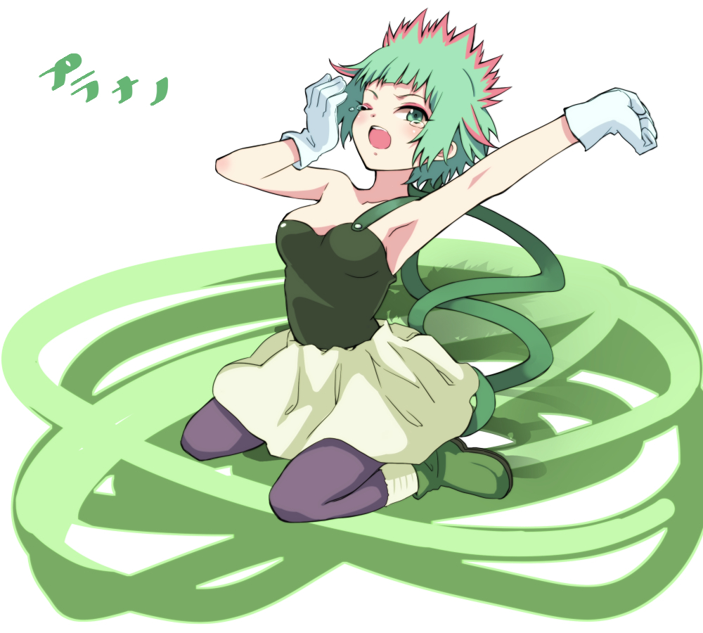 1girl, ;o, aqua_eyes, arm_up, black_pantyhose, character_name, female_focus, full_body, gloves, green_footwear, green_hair, long_hair, looking_at_viewer, mahoujin_guruguru, monster_girl, one_eye_closed, pantyhose, planano, plant_girl, single_bare_shoulder, sitting, skirt, solo, stretching, very_long_hair, wariza, white-aster, white_gloves
