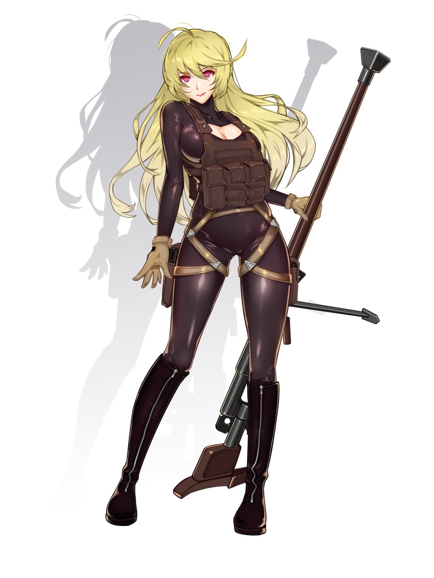 1girl, anti-materiel_rifle, arm_at_side, black_bodysuit, black_boots, blonde_hair, bodysuit, bolt_action, boots, breasts, brown_gloves, choudan, cleavage, cleavage_cutout, clothing_cutout, female_focus, full_body, girls'_frontline, gloves, gun, highres, holding, holding_gun, holding_weapon, large_breasts, long_hair, looking_at_viewer, pouch, ptrd-41, ptrd_(girls'_frontline), purple_eyes, rifle, smile, sniper_rifle, solo, standing, very_long_hair, weapon