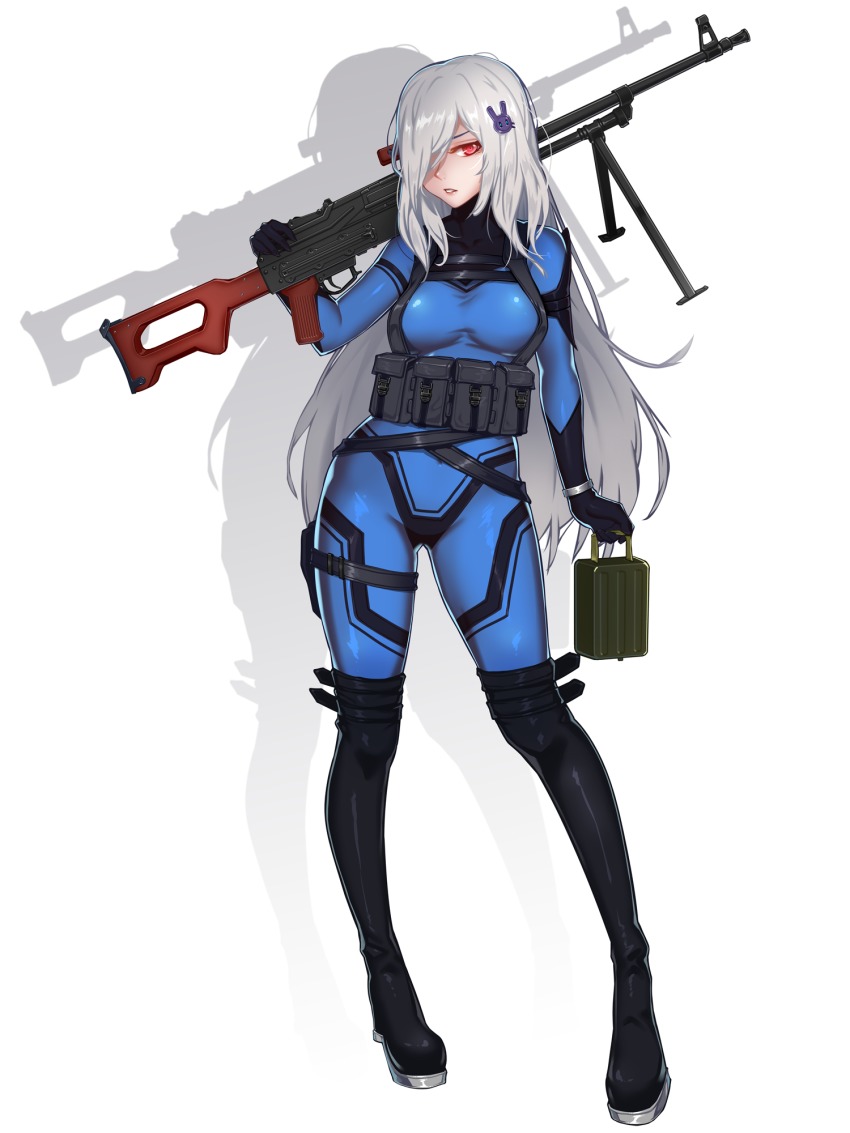 1girl, ammunition, black_legwear, blue_bodysuit, bodysuit, breasts, choudan, female_focus