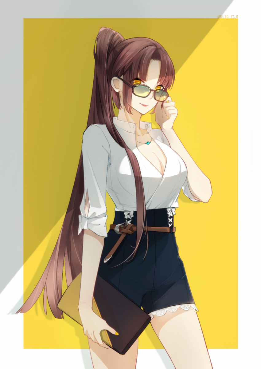 1girl, adjusting_eyewear, adjusting_glasses, amu_(adslli0709), artist_name, bag, belt, black_shorts