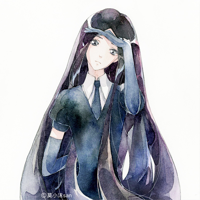 androgynous, artist_name, bad_anatomy, black_gloves, black_neckwear, bort, gender_request, gloves, grey_eyes, hiroshiko_awasan, houseki_no_kuni, long_hair, looking_at_viewer, painting_(medium), solo, traditional_media, upper_body, very_long_hair, watercolor_(medium)