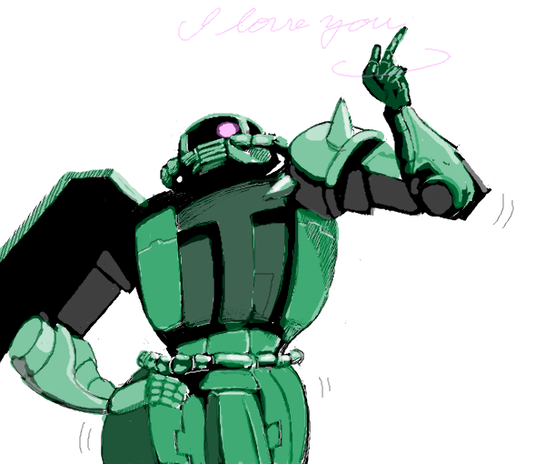 english_text, gundam, hand_on_own_hip, hip_focus, index_finger_raised, looking_at_viewer, mecha, mizukiyo_jiro, mobile_suit_gundam, motion_lines, nippori_honsha, no_humans, one-eyed, pink_eyes, robot, shoulder_spikes, simple_background, spikes, white_background, zaku